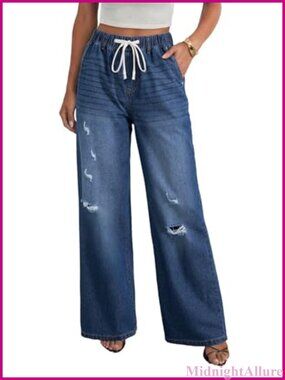 Ripped Wide Leg Jeans Mid Rise Stretchy Straight Leg Baggy Denim Pants